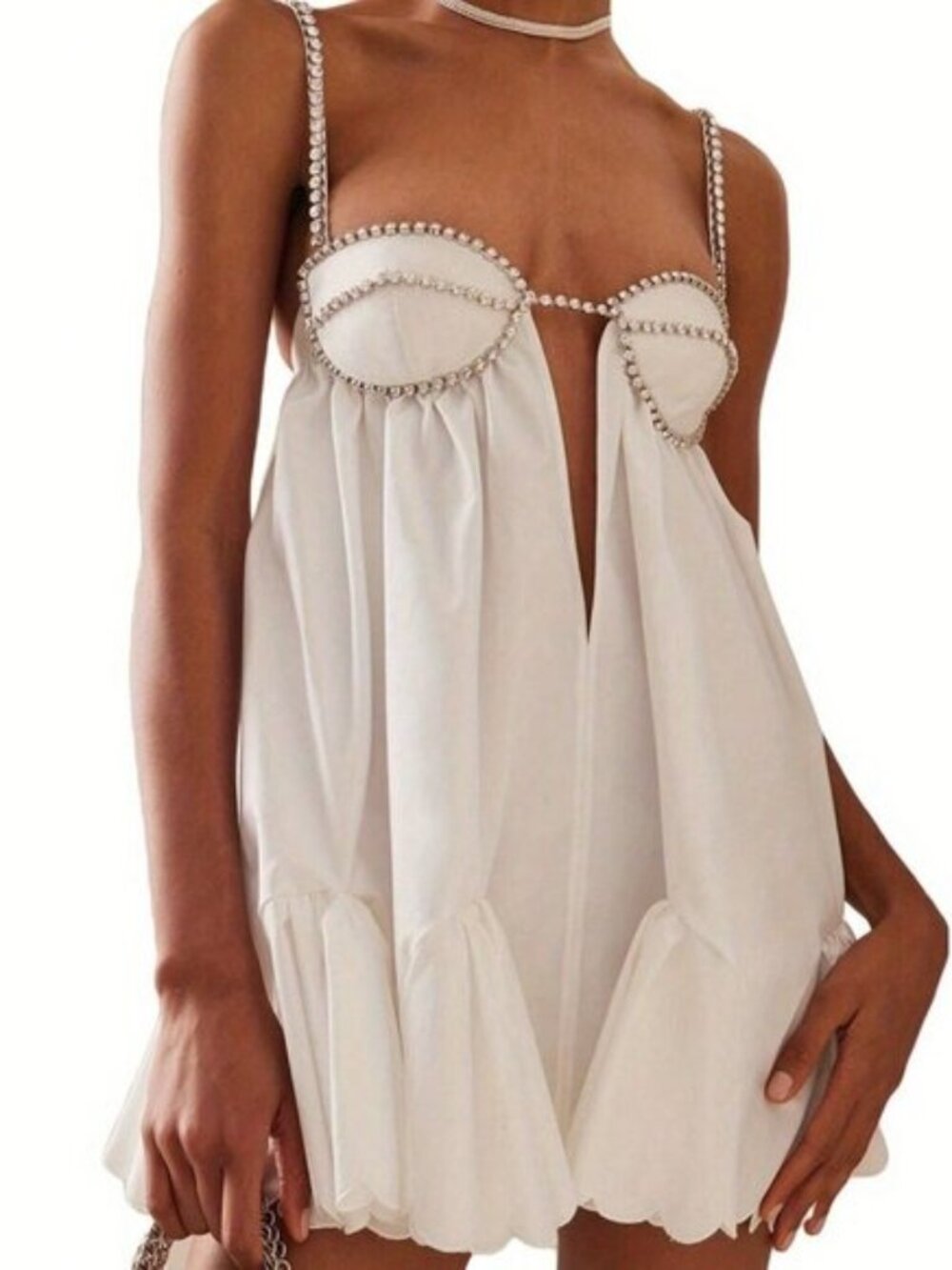 White Casual Women's Spaghetti Strap Rhinestone Cutout Mini A-Line Dress